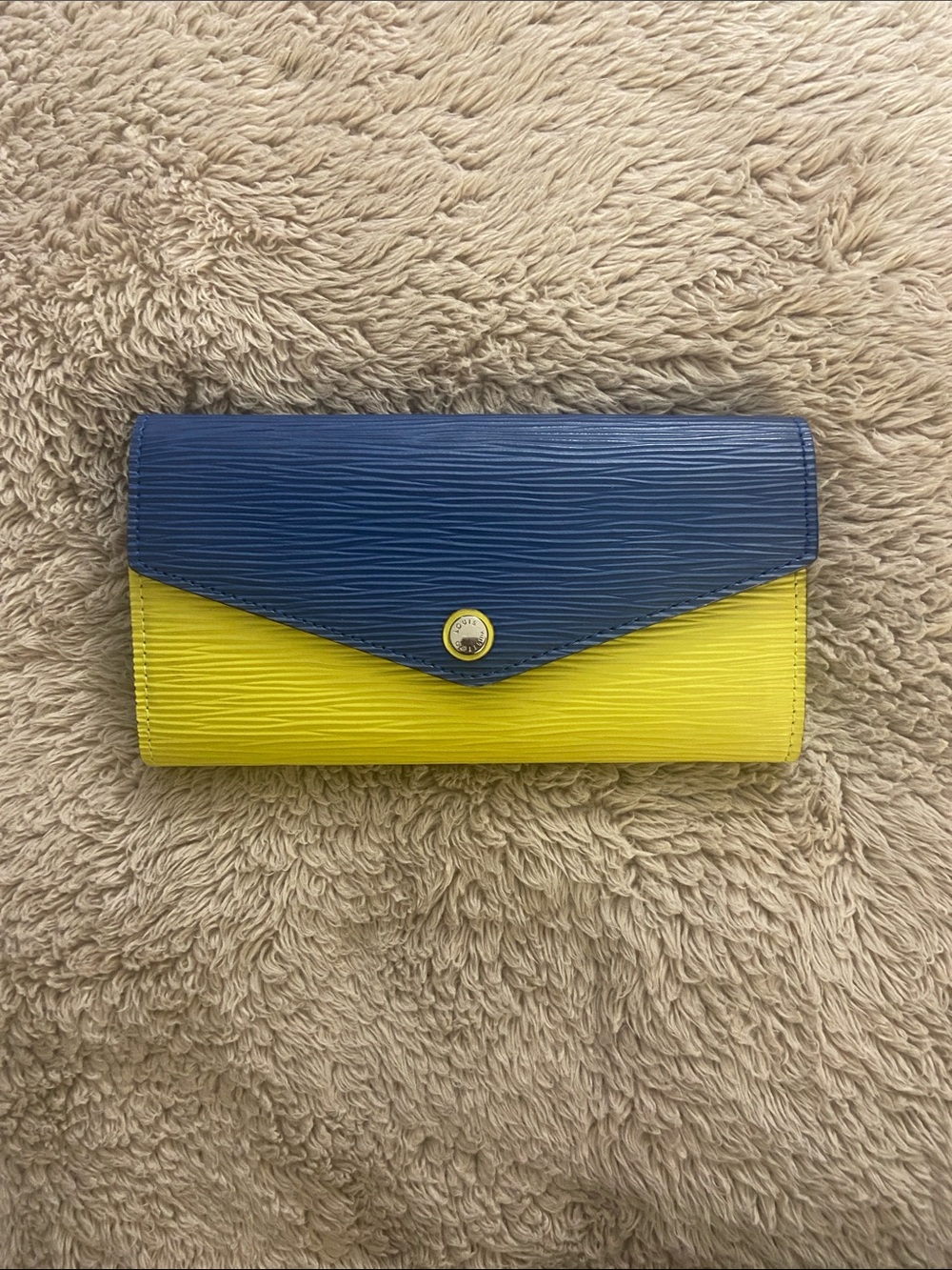 Two-Tone Blue and Yellow/Green Envelope Wallet for Women -dupe to the LV version